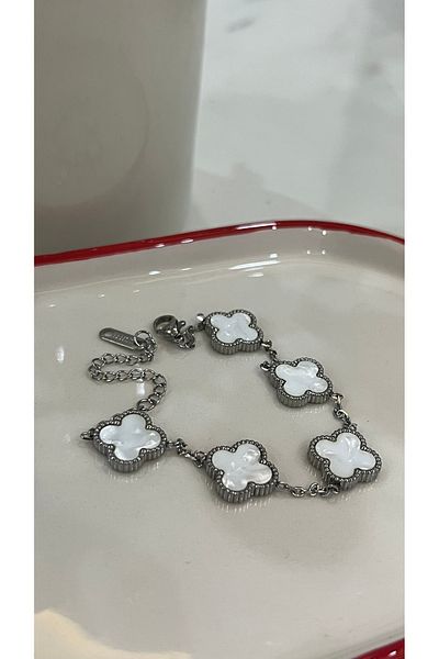 DUSK Silver Cleef Model White Steel Clover Bracelet