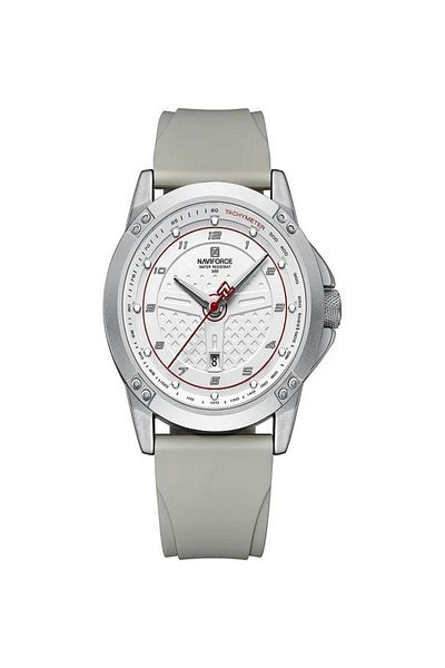 Naviforce Stylish Silver Watch with White Face, Red Accents & Gray Band