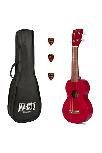 Mahalo MK1TRD, Set Ukulele Sopran Kahiko, Rosu Transparent, Husa, 3 Pene