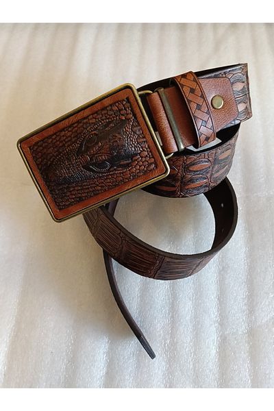 Butik Tülin Unisex Authentic Faux Leather Tan Croco Printed Bronze Crocodile Head Cowboy Buckle Belt Thailand