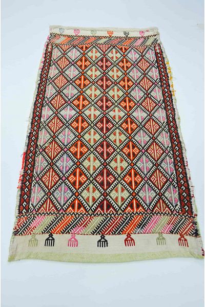 Handmade Vintage Konya Cicim Hand Woven Cream Floor Multicolored Wool Pillow 60X100 cm (0.60 m²)