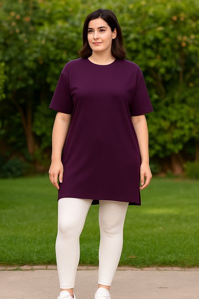 Birol Triko Women's Summer Short Sleeve Slit Plum Color Tunic