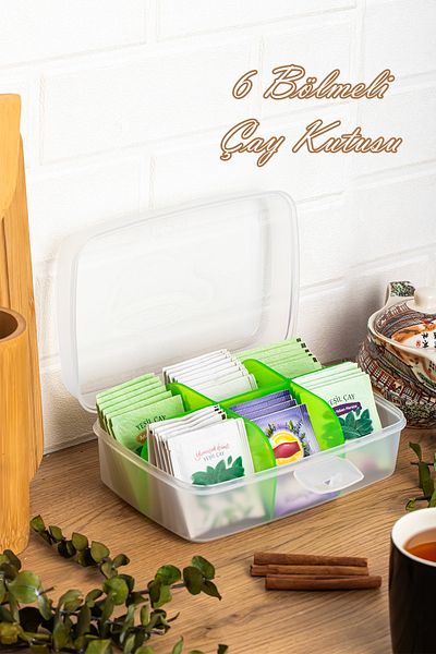 Porsima 1178 6 Compartment Tea Box with Lid-Multi-Purpose Jewelry Accessories Organizer Sachet Herbal Tea Storage Container