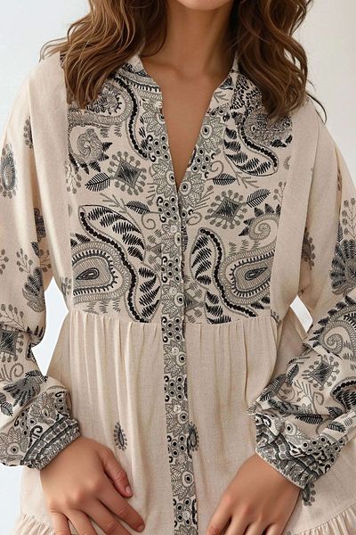 Hiccup Button Detailed Printed V-Neck Long Dress