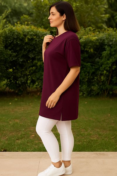 Birol Triko Women's Summer Short Sleeve Slit Cherry Color Tunic