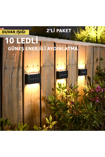 ROBEVE 10 Led 2'li Güneş Enerjili Bahçe Aydınlatma Duvar Aplik Solar Otomatik Duvar Işığı Su Geçirmez IP65