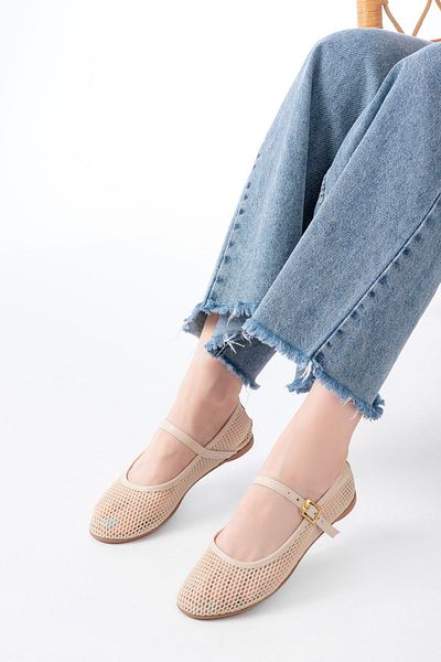 Moda Asmira 6325 Beige Mesh Helmet Buckle Detailed Daily Women's Ballerinas