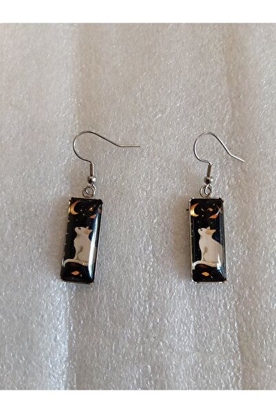 Butik Tülin أقراط متدلية على شكل قطة بيضاء ليلية مصنوعة من المعدن الفضي الأصل...