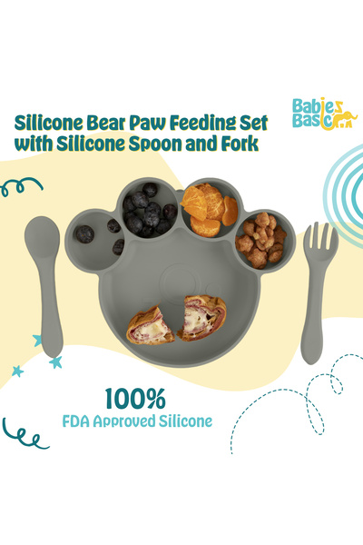 Babies Basic 3 Piece Silicone Feeding Set, with Silicone Suction Plate, Spoon and Fork - Green