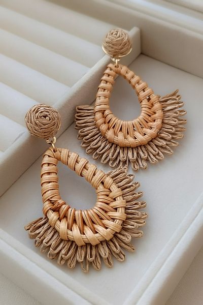 COSİTA Straw Water Drop Oversized Tassel Coffee Summer Dress Bag Combination Dangle Earrings
