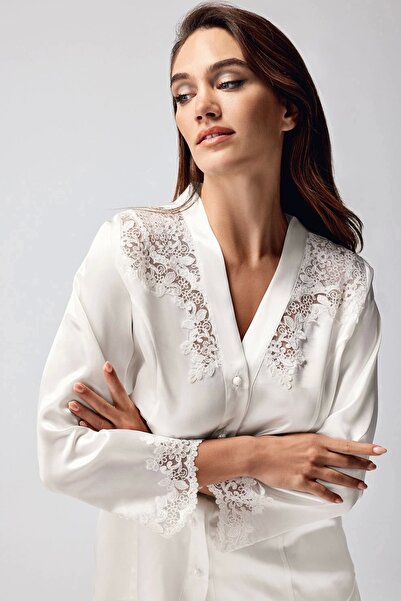 Eng Freshness ecru satin lace detail women's pajama set