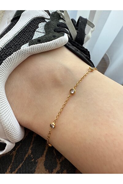 Pinery Jewels Sıralı Tek Taşlı Çelik Kararmaz Kadın Halhal - Modern ve Şık Ta...