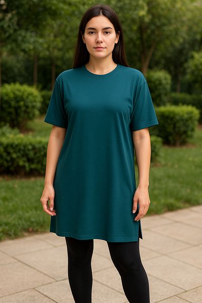 Birol Triko Women's Summer Short Sleeve Slit Petrol Blue Color Tunic