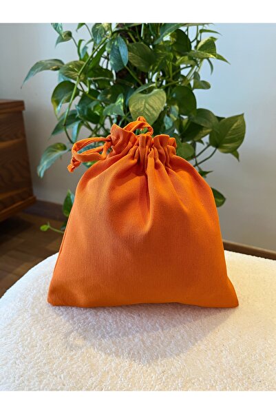 MEKİK BUTİK Turuncu Keten Mini Bez Kese - Büzgülü Çanta İçi Düzenleyici - Makyaj Çantası - 20x20 -bez poşet