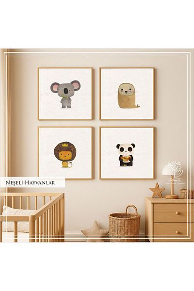 Tablomtr Set de 4 picturi decorative cu cadru metalic din sticlă - Animale vesеле