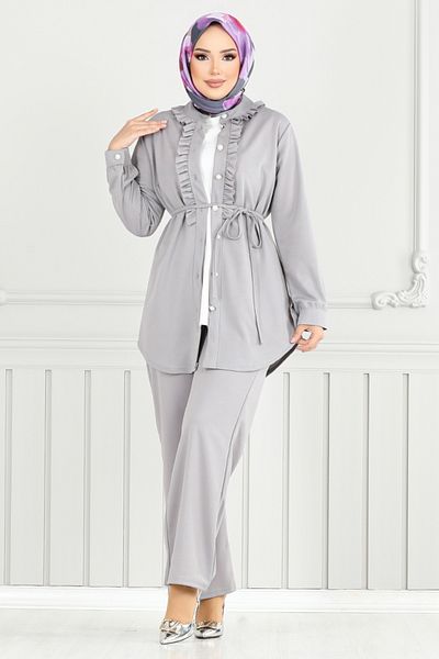 ModaMerve Front Buttoned Hijab Suit 2709Ayd969-M Gray