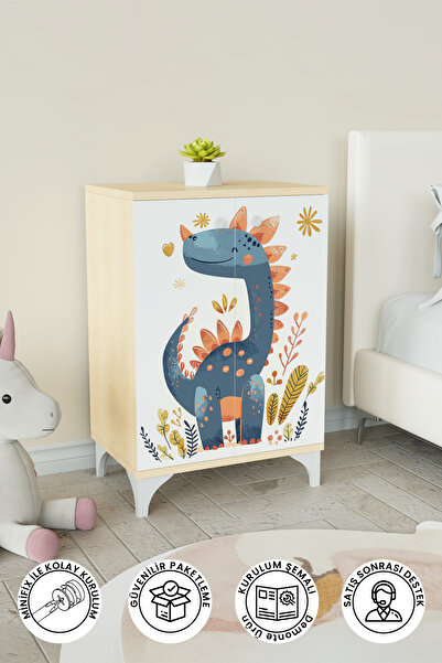 Hediyeler Kapında Minik Dino 2 Raflı Çocuk Odası Dolabı Çok Amaçlı Baskılı Oy...