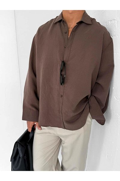 ablukaonline Ανδρικό Premium ριγέ μακρυμάνικο πουκάμισο Oversize καφέ