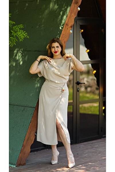 LAMAZONEEXXEN Modern Drapeli "Bej" Beli Tokalı Midi Elbise