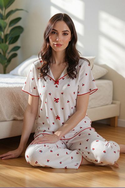 BELLA NOTTE Cotton Cherry Pattern V-Neck Pajamas Set