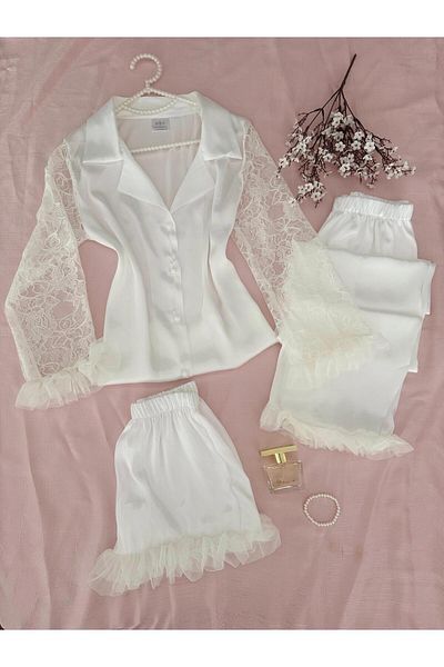 MH Moony Homewears 3-Piece Cansel White Sleeve Tulle Detailed Satin Pajamas