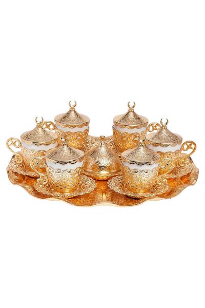 AiroBazar Crescent Dome 6-Person Motif Espresso Cup Set |   Coffee Presentation Set with Tray and Turkish Delight