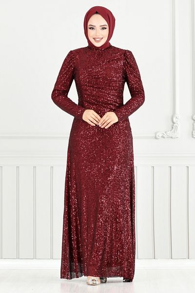 ModaMerve Βραδινό φόρεμα με παγιέτες 4028YGS898-M Claret Red