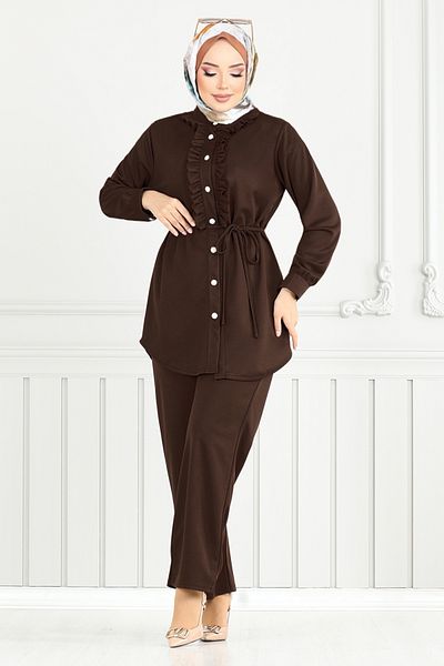 ModaMerve Front Buttoned Hijab Suit 2709Ayd969-M Brown