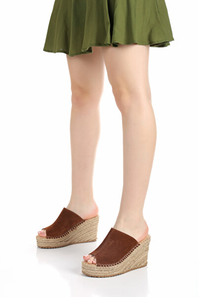 PASSAGE SHOES Women's Genuine Leather Straw Wedge Heeled Slippers 6323 Taba Suede