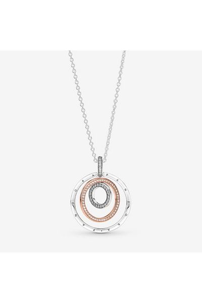 Pandora Necklace with Two-Tone Circle Pendant - Silver 925 and Pink Gold 14K - 60cm