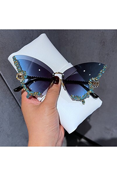 choice2 blue Luxury Diamond Butterfly Sunglasses Women Brand Y2K Vintage Riml...