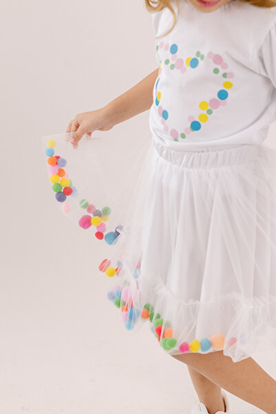 geef kıds Girl's 2-Piece Set Printed Short Sleeve T-Shirt Top with Elastic Waist Pompom White Tutu Skirt Bottom