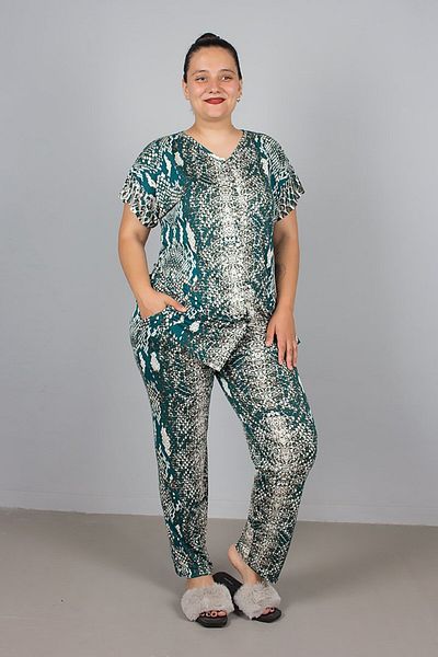 Truva XXL Patterned Lycra Viscose Buttoned Plus Size Pajama Set