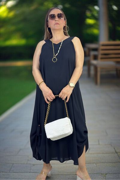 yagmurberen Shalwar Cut Sleeveless V-Neck Cotton Viscosin Large Size Flare Dress