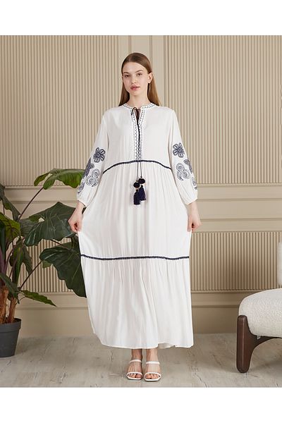 EL jadida Women's Embroidered Plus Size Viscose Long Dress White