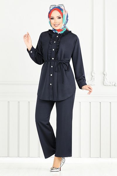 ModaMerve Front Buttoned Hijab Suit 2709Ayd969-M Navy