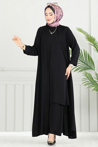 ModaMerve Crew Neck Cardigan Suit 0342Bgs895-M Black