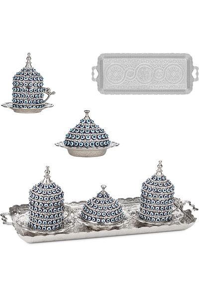 AiroBazar Evil Eye Patterned Coffee Cup Set for 2 |   Presentation Set with Turkish Delight and Tray