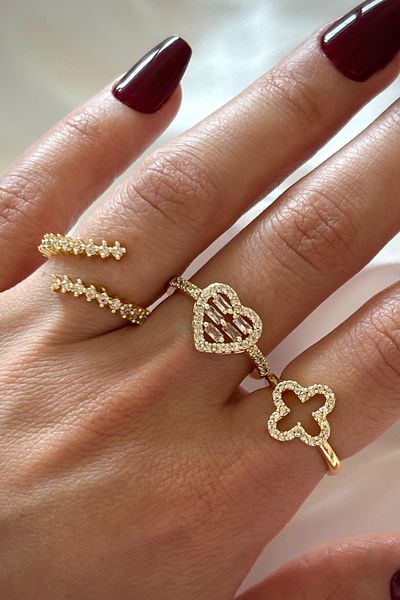 Leo'Stone New Season 3-Piece Combination Zircon Stone Clover Heart Waterway Design Multiple Adjustable Women's Ring Set