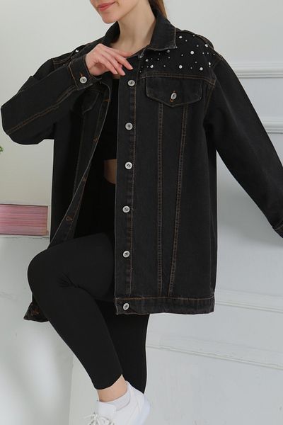 TOFİSA Women's Shoulder Stone Detailed Oversize Denim Jacket D1 Black - 26616