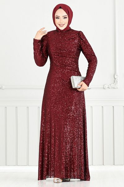 ModaMerve Βραδινό φόρεμα με παγιέτες 4028YGS898-M Claret Red