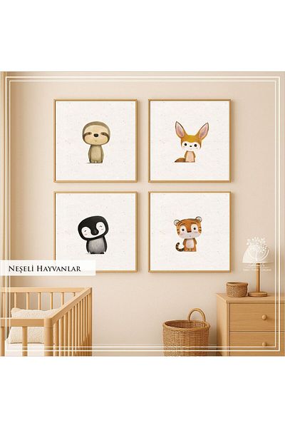 Tablomtr Set de 4 picturi decorative cu cadru metalic din sticlă - Animale vesеле