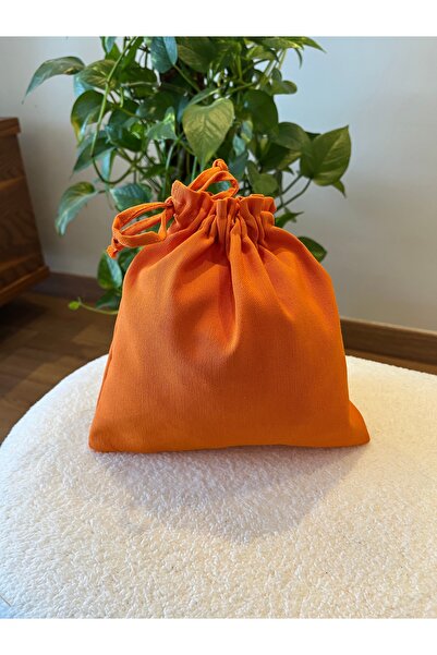 MEKİK BUTİK Turuncu Keten Mini Bez Kese - Büzgülü Çanta İçi Düzenleyici - Makyaj Çantası - 20x20 -bez poşet