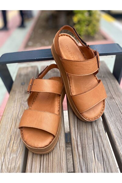 Mammamia 2375 Real Leather Buckle Detailed Velcro Strap Orthopedic Women's Sandals