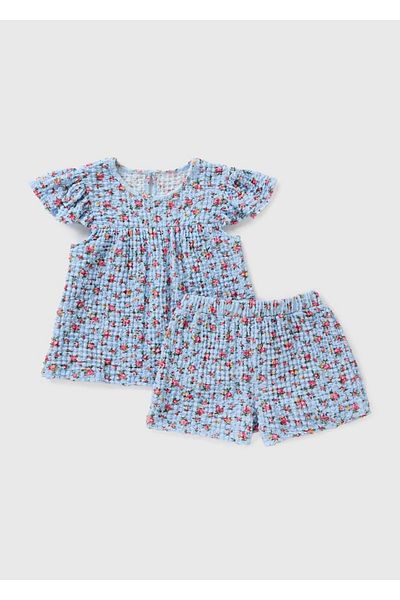 Kübra Tekstil Lupinn Fashion Blue Flower Patterned Girl's 2-Piece Summer Suit