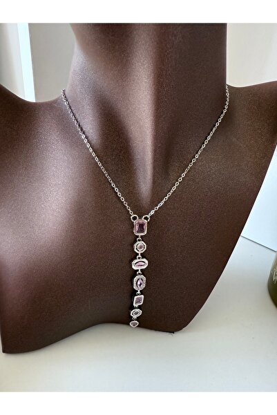 ACCESSORYHUB Silver Color Y Necklace with Purple Stone Detail