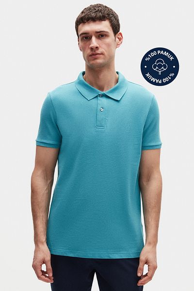 D'S Damat Тениска с бродирана поло яка Ds Damat Regular Fit Turquoise, 100% памучен материал, дълготрайна, без къдрене