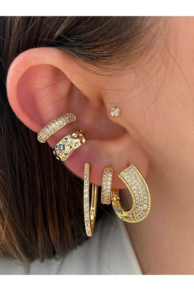Vitastyle Gold Color Zircon Stone Detailed Steel 3-Piece Hoop Model Earrings