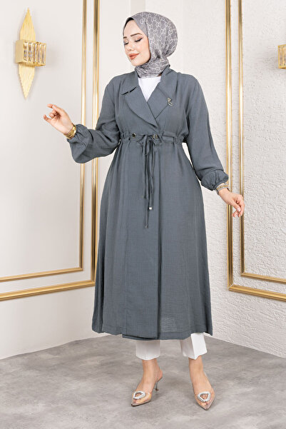 Tesettür Dünyası Collar Zipper Detail Drawstring Waist Cap Tsd250181 Smoked