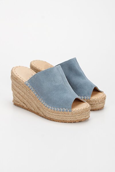PASSAGE SHOES Women's Genuine Leather Straw Wedge Heeled Slippers 6323 Petrol Blue